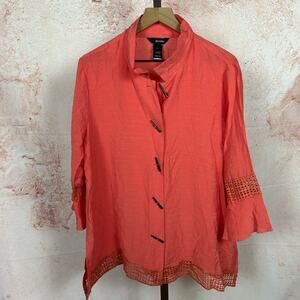 ALI MILES boho artsy bell sleeve top size L lagenlook coral artisan lace trim